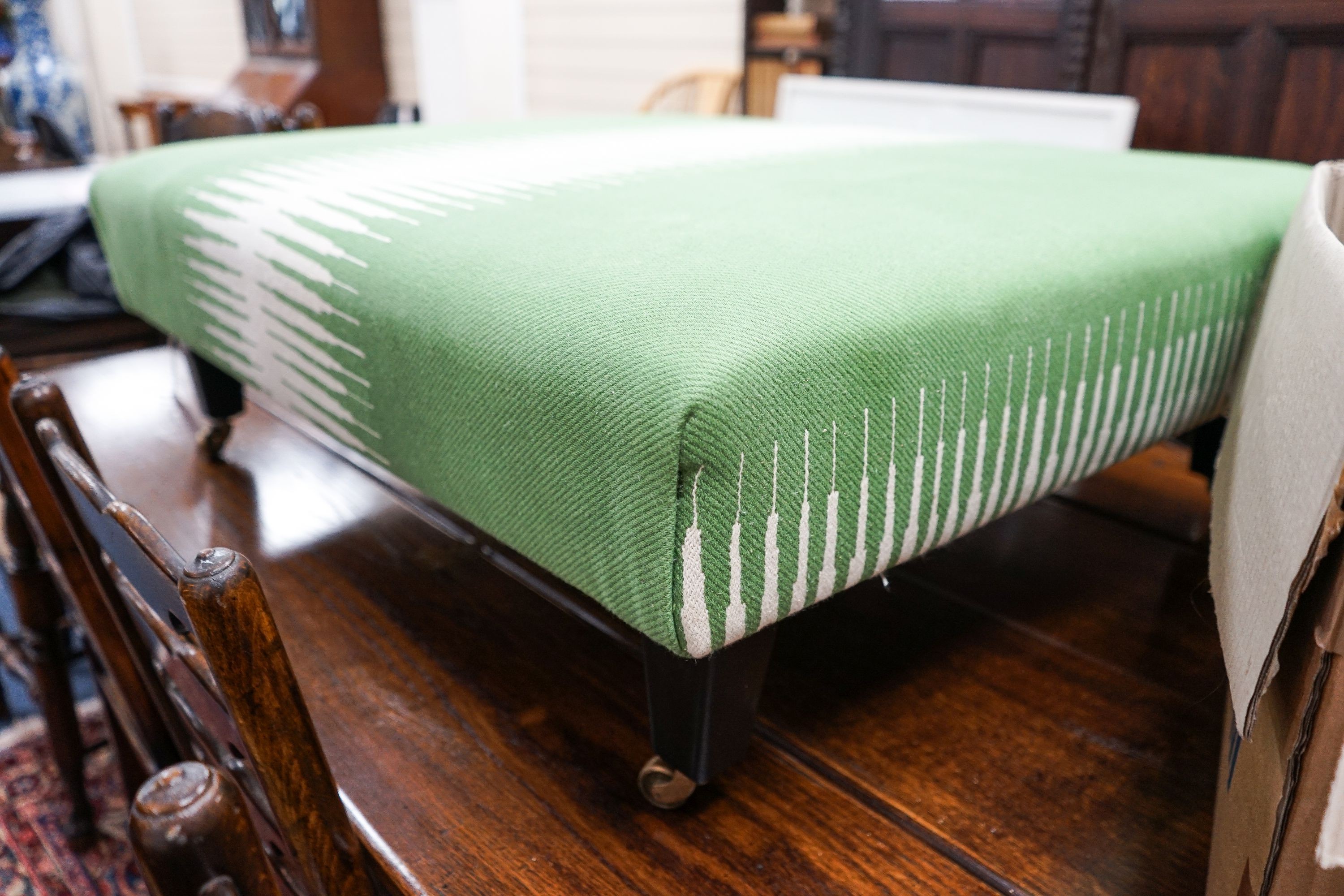 A contemporary Manuel Canovas rectangular green upholstered foot stool, length 95cm, depth 81cm, height 32cm